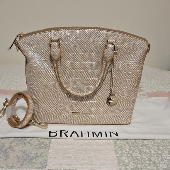 NEW Brahmin Duxbury Satchel in Tiramisu...a shimmering cream/gold leather - Picture 6 of 16